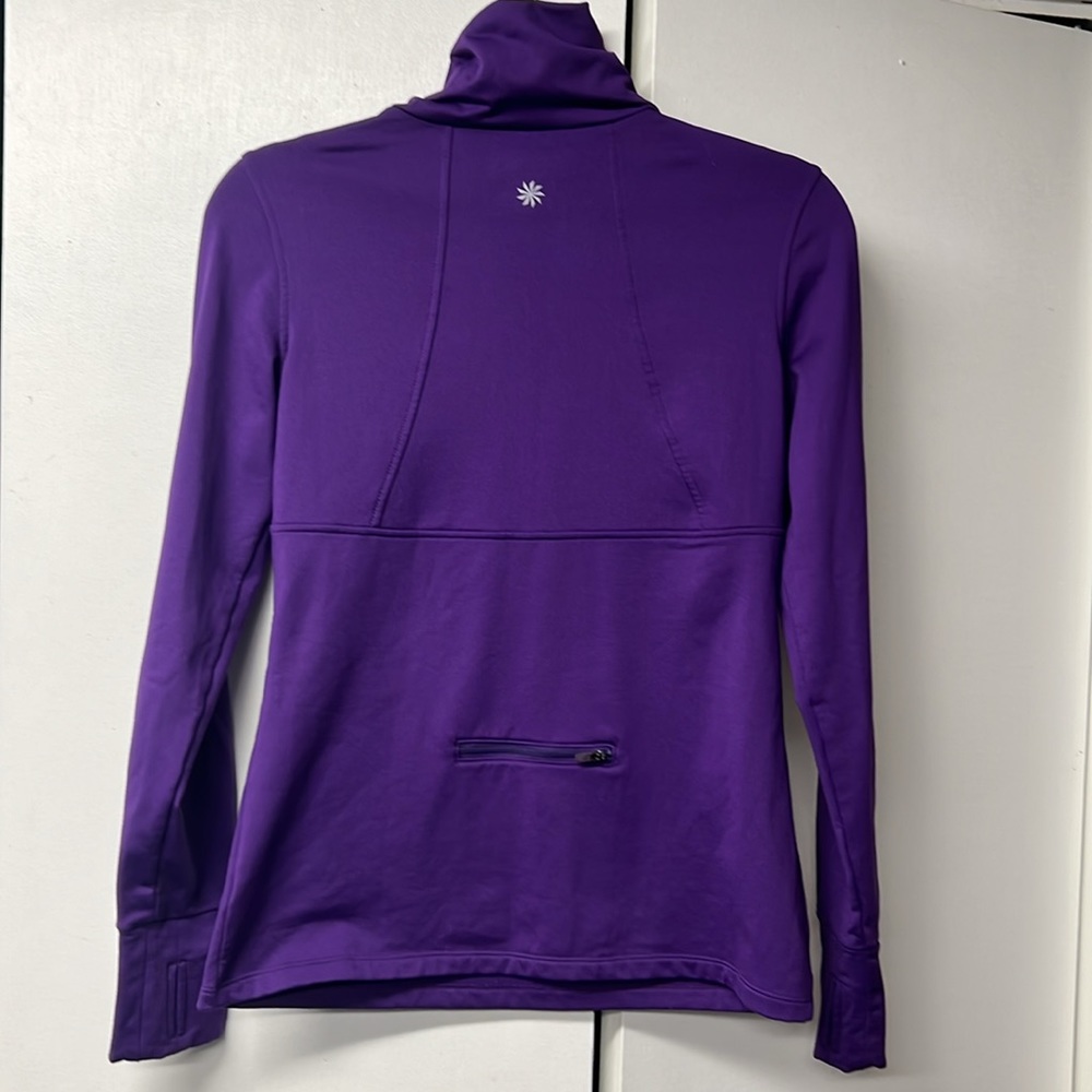 Athleta brand purple warm stretchy top with thumb holes and high neckline. - Picture 4 of 7